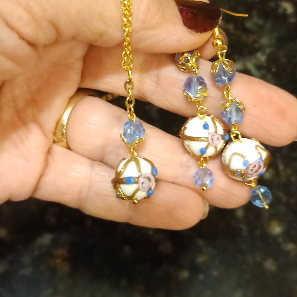 Wedding cake Earrings and necklace set lamp work Handmade glass